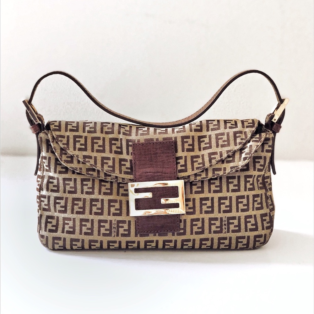 Vintage FENDI Zucchino Double Flap Mamma Baguette Bag in Brown Gold - Picture 2 of 15